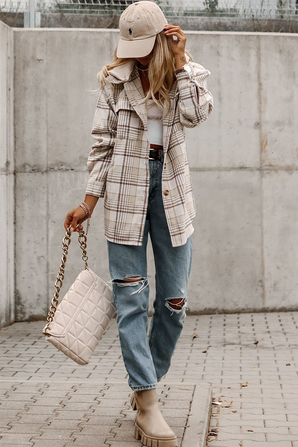 Khaki Plaid Shirt emovable Hood Buttoned Shacket: Khaki / 100%Polyester /