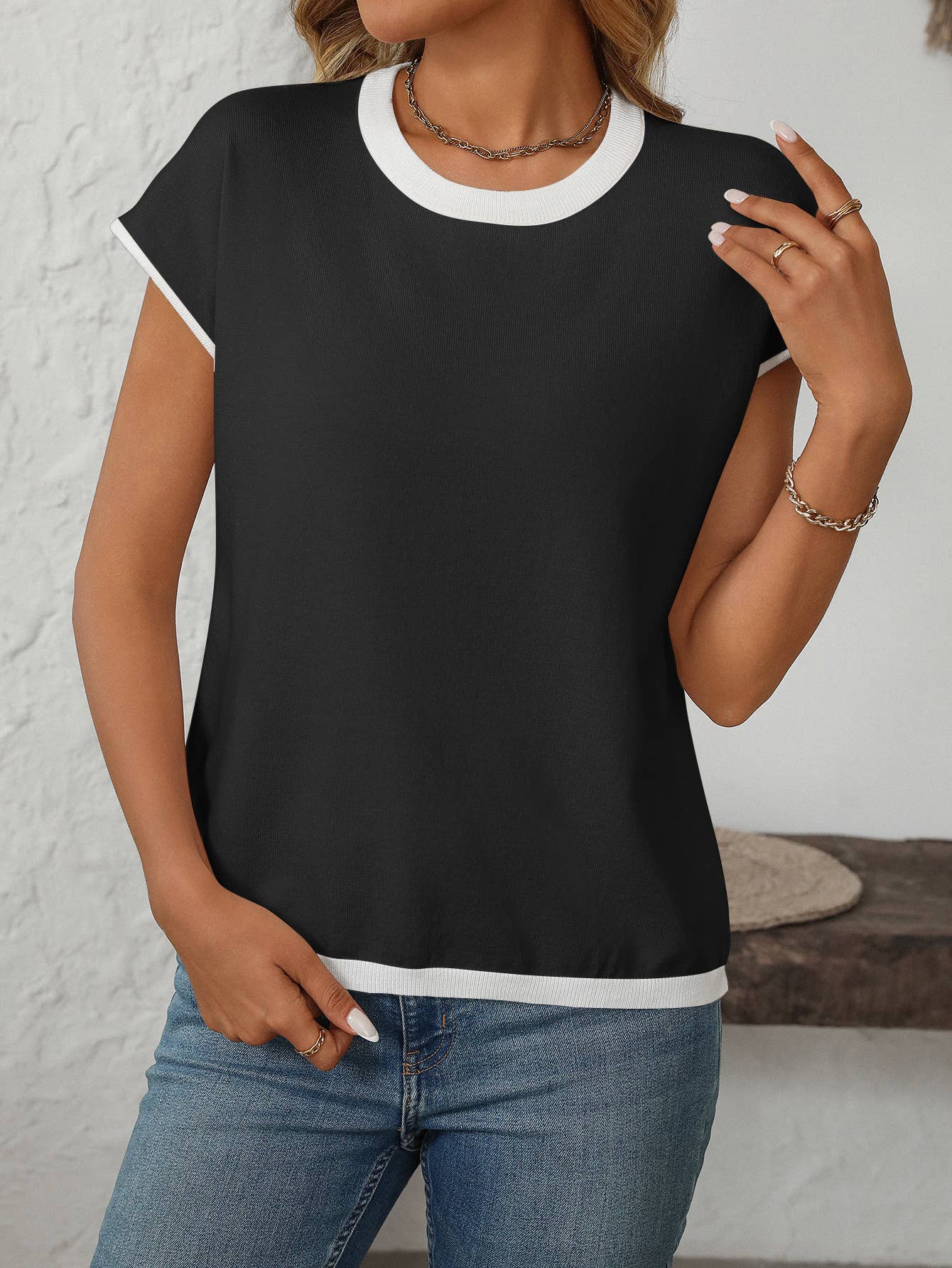 Two Tone Striped/Solid Short Sleeve Knit Top: Black