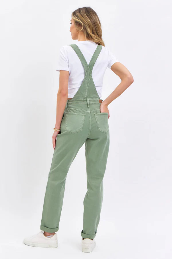 Judy Blue High Waist Garment Dyed Sage Boyfriend Overall Denim