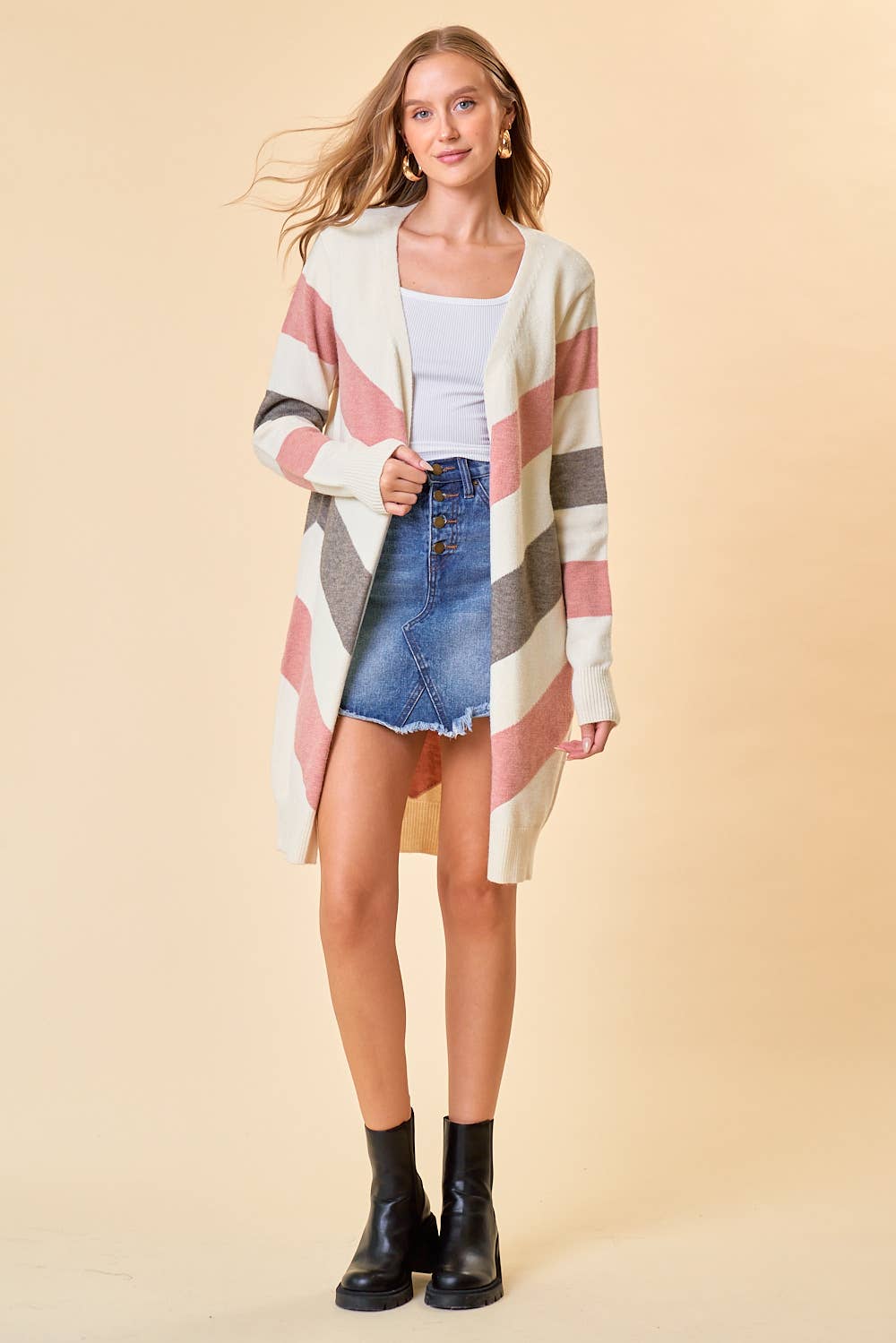 CHEVRON SWEATER CARDIGAN - 10492J: BLUSH/CREAM