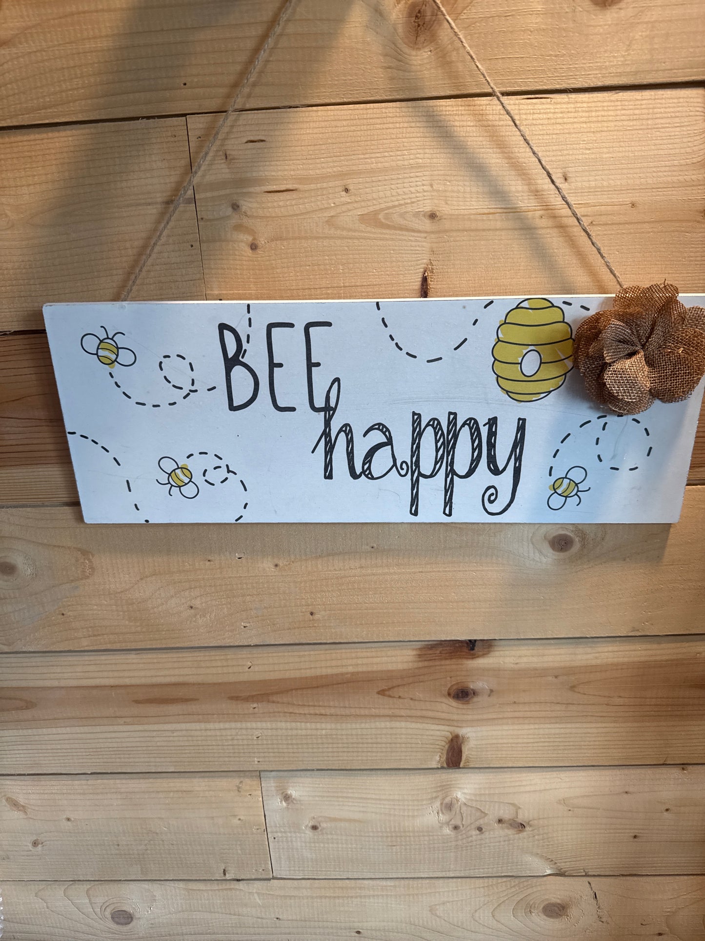 BEE happy Hanging Wood Sign