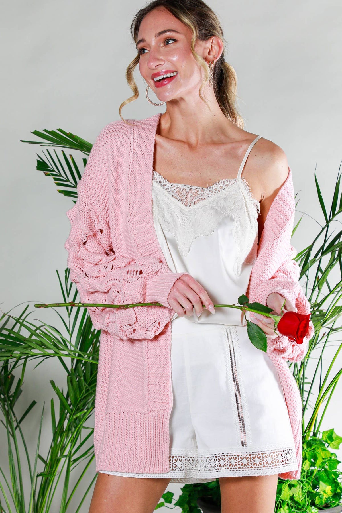Vine & Love - Casual Bubble Crochet Sleeve Chunky Knitted Cardigan VJ31222