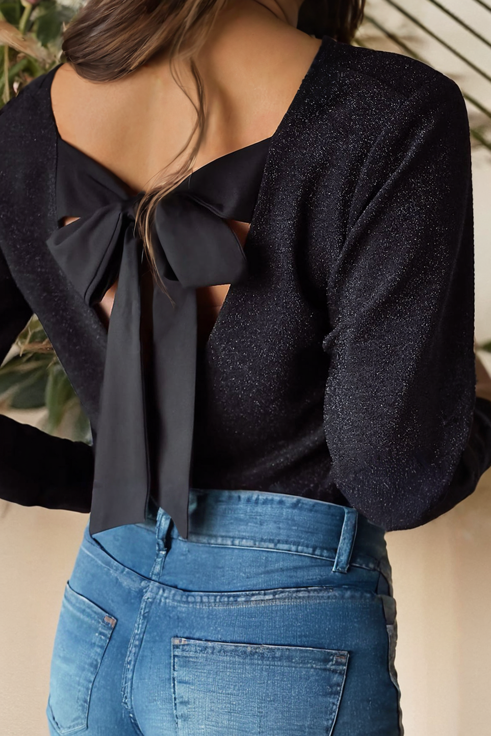 LDC Metallic Bowknot Open Back V Neck Top