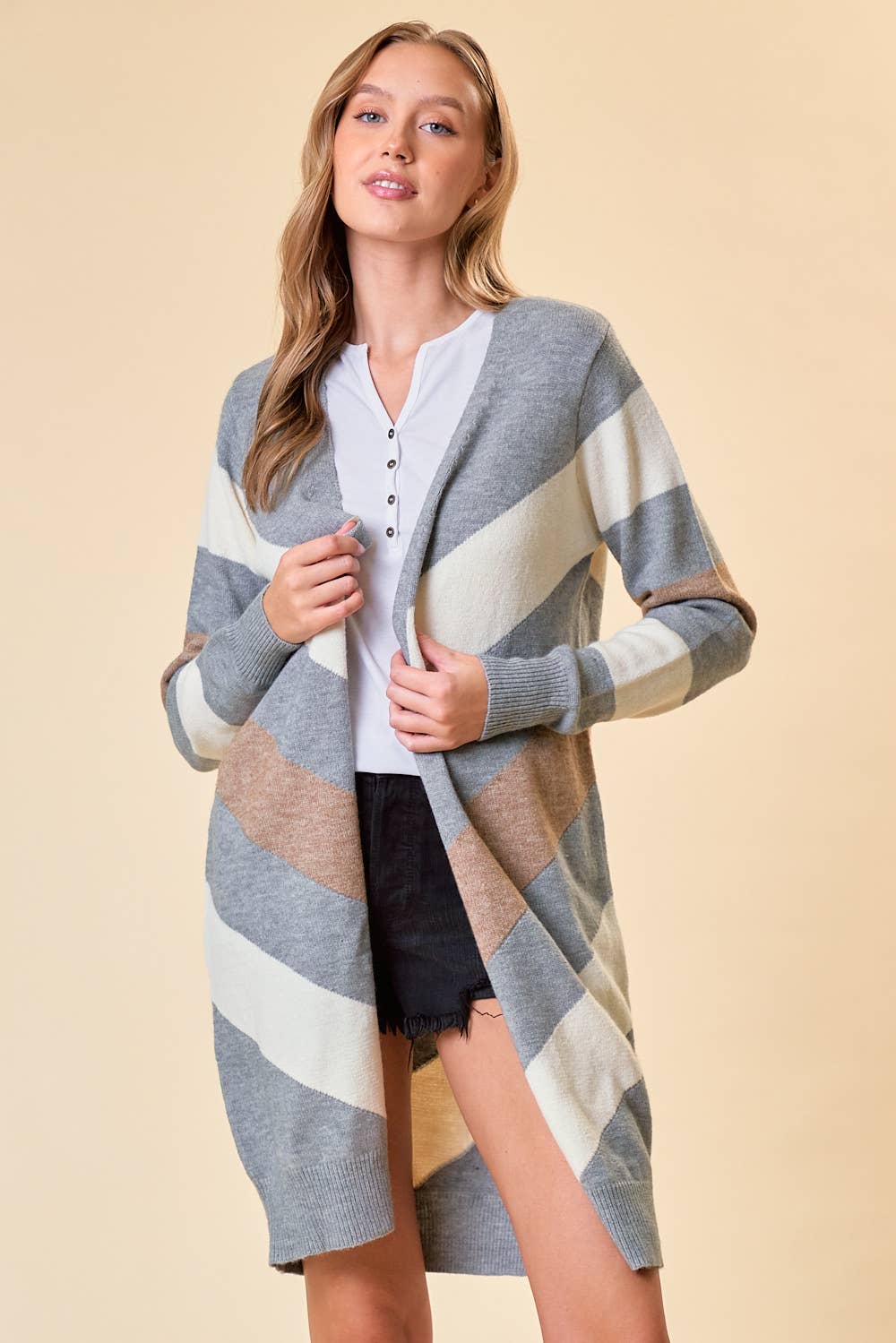 CHEVRON SWEATER CARDIGAN - 10492J: HEATHER GREY/CREAM /