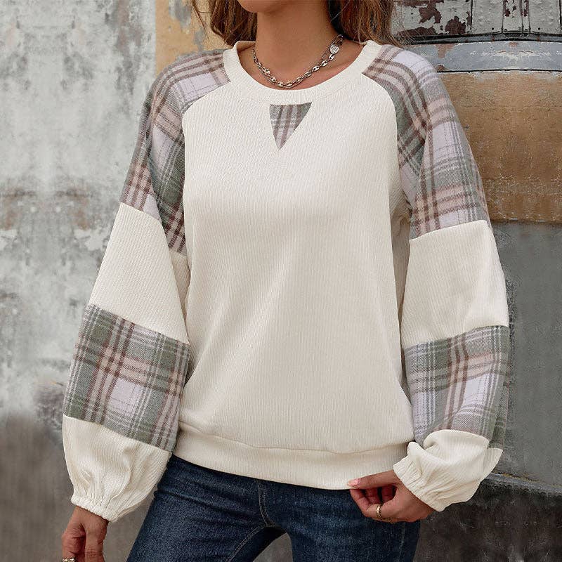 Plaid Contrasting Splicing Sweater Crew Neck Pullover Loose Top: Apricot