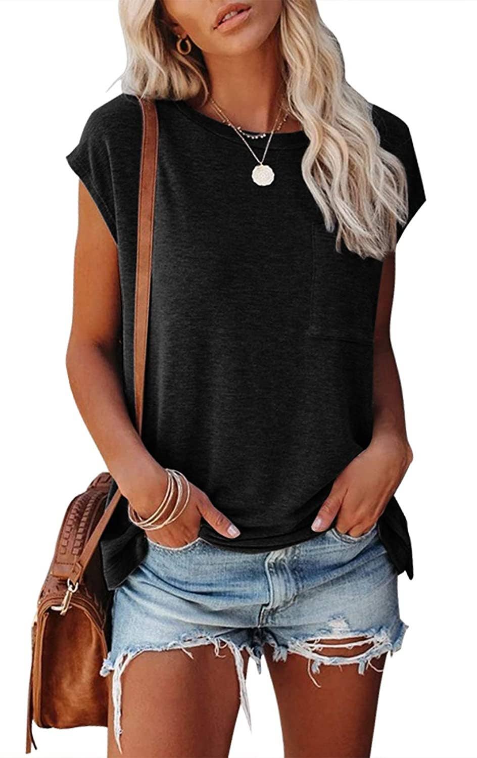 Short Cap Sleeve Shirts Solid Loose Fit Tops: Pink