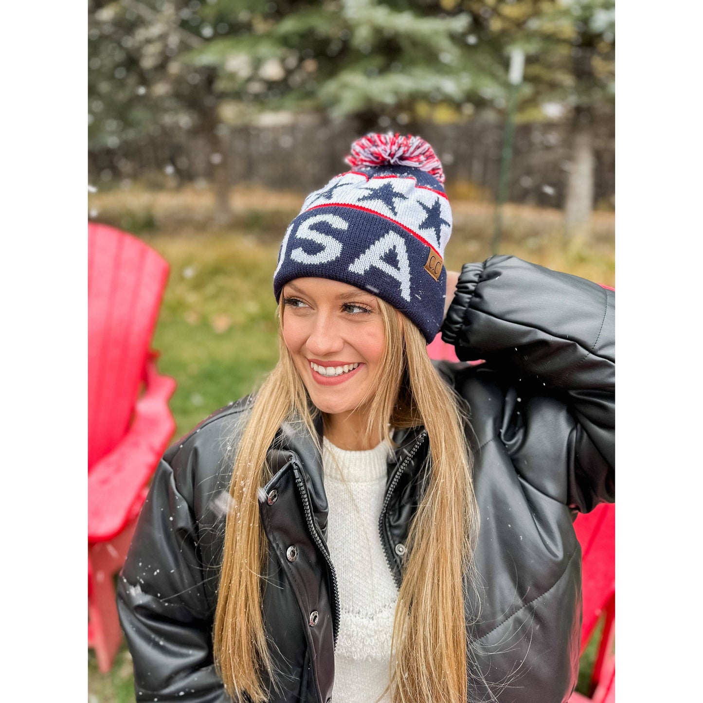 USA Knit Pom C.C Beanie HAT3902: Navy USA