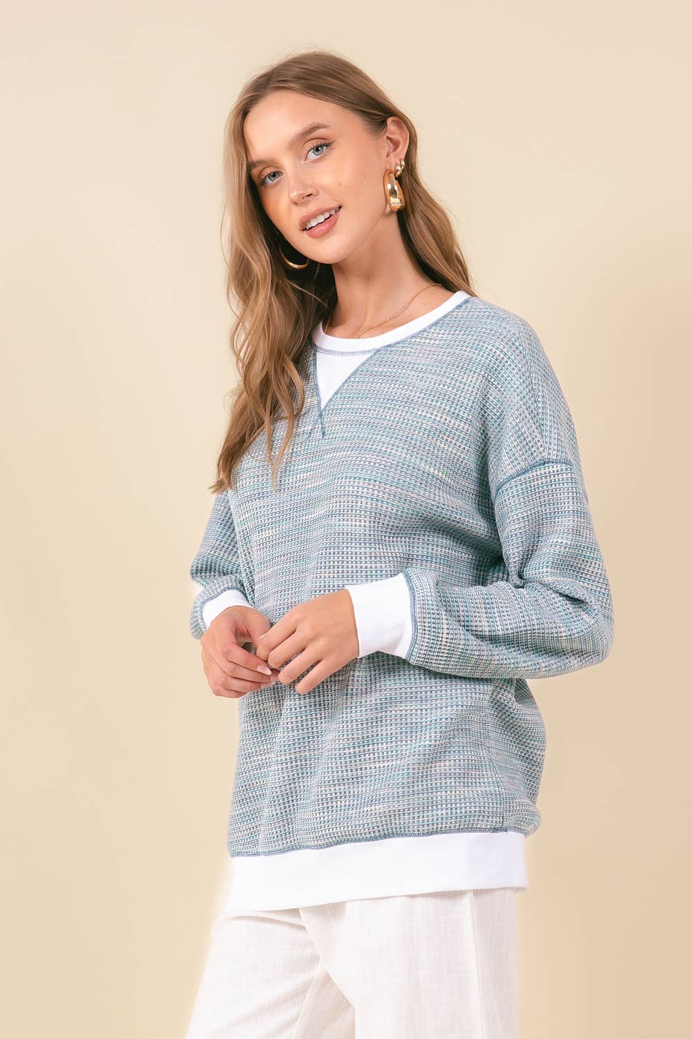 MULTI-COLORED WAFFLE KNIT DROP SHOULDER LONG SLEEVE - 44601T: RED MIX