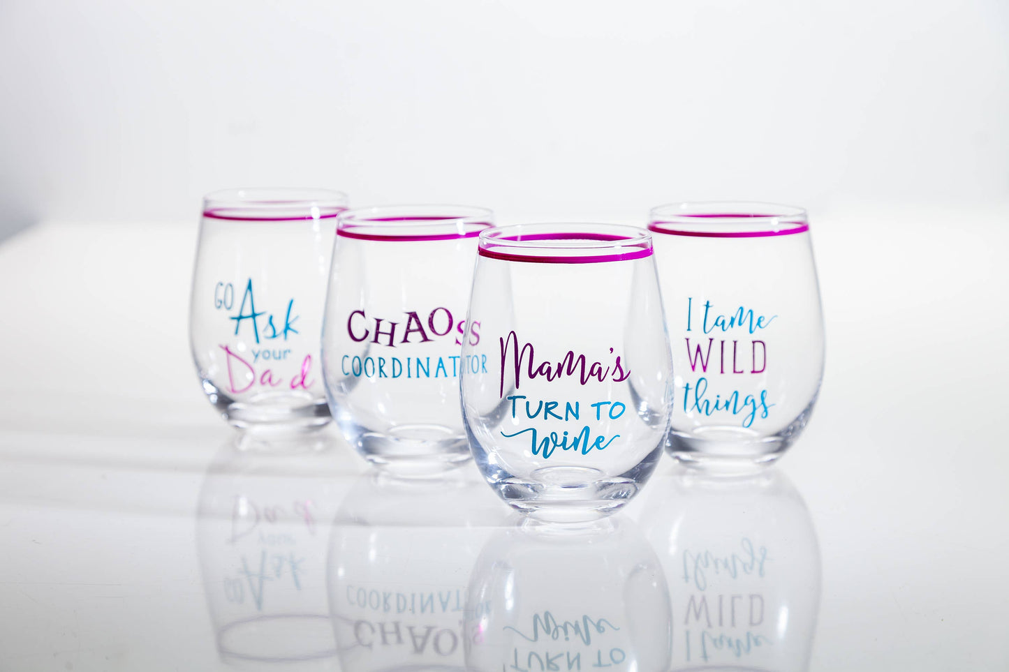 Witty Mom Stemless Wine Glass. -- 8 Asst -- Open Window Box