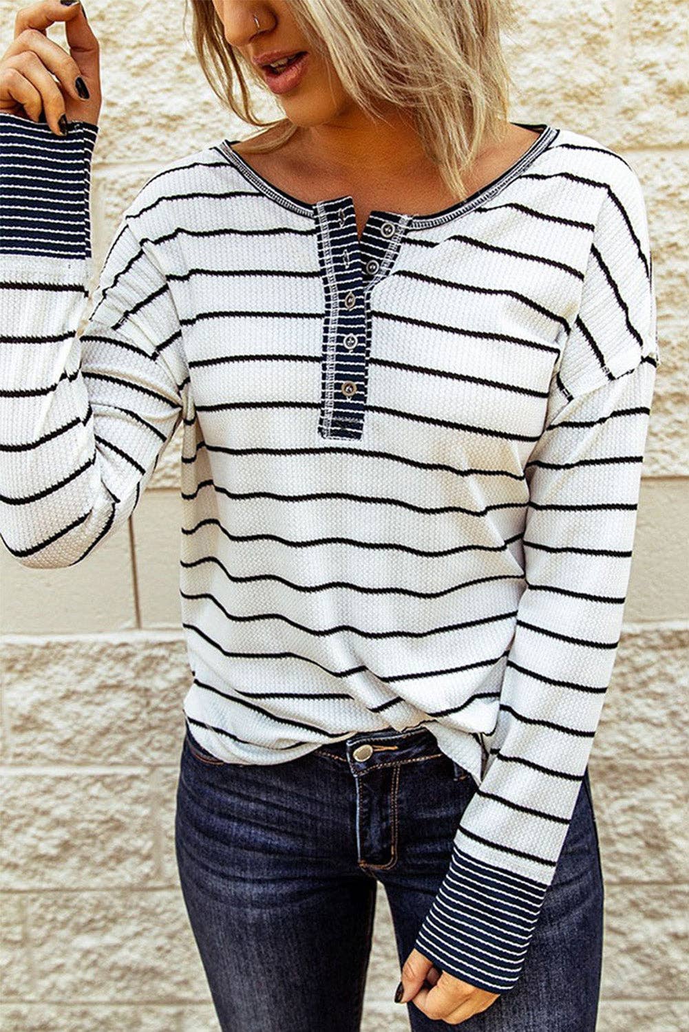 Striped Color Block Buttoned Waffle Knit Shirt: White