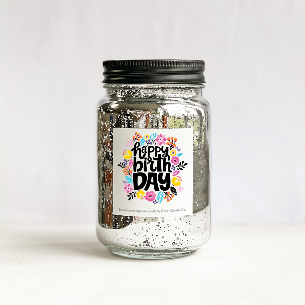 Happy Birthday | 16 oz. Glimmery Candles: Silver / Birthday Confetti / Vanilla Bourbon