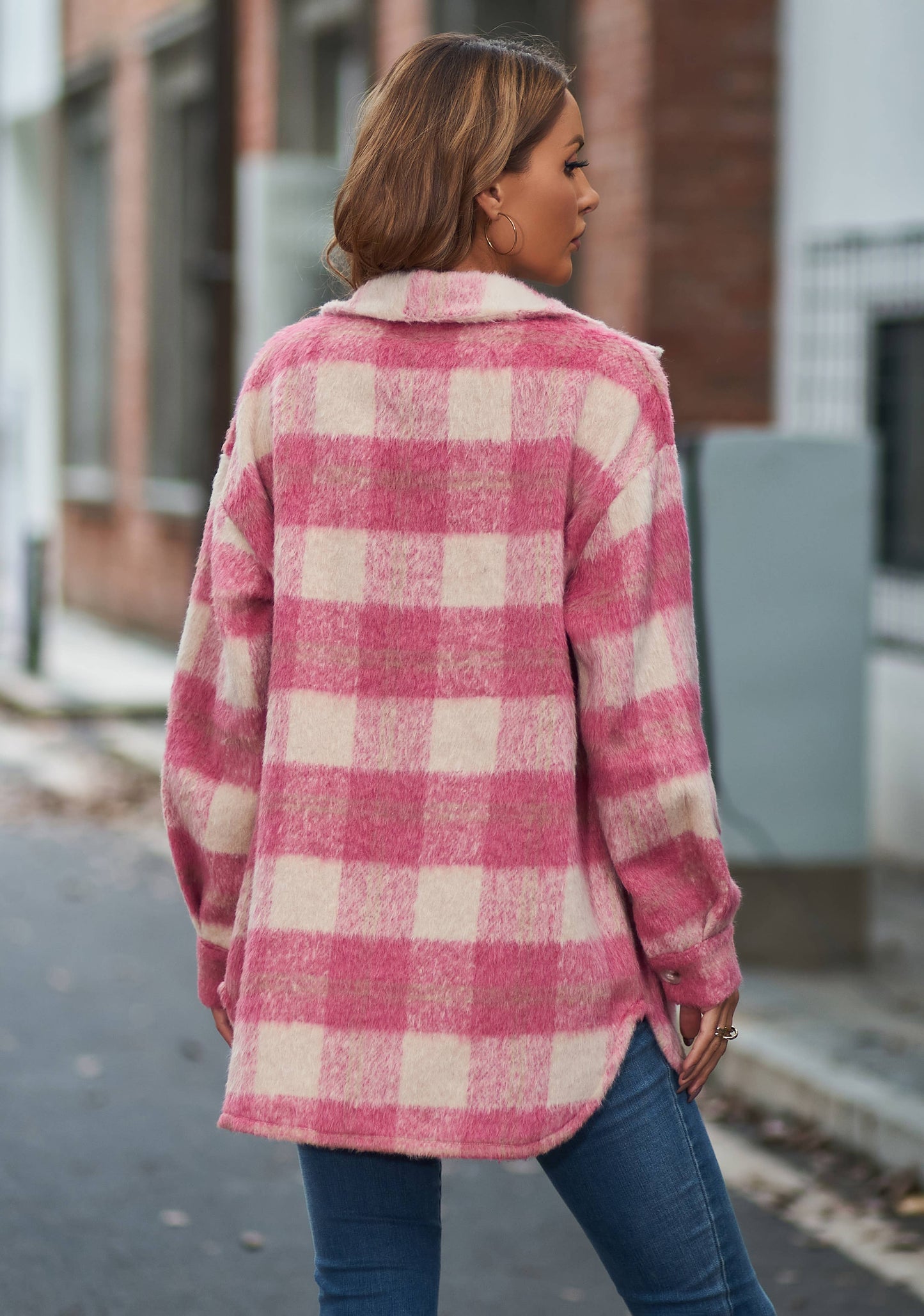 G5-JK6619 Fuzzy Plaid Button Down Shirt Jacket Shacket: Pink