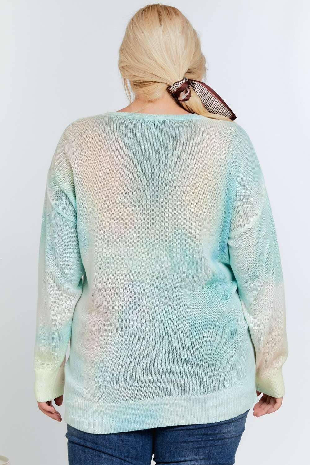 PLUS TIE DYE ACCENT V-NECK PULLOVER SWEATER TOP: Light Blue