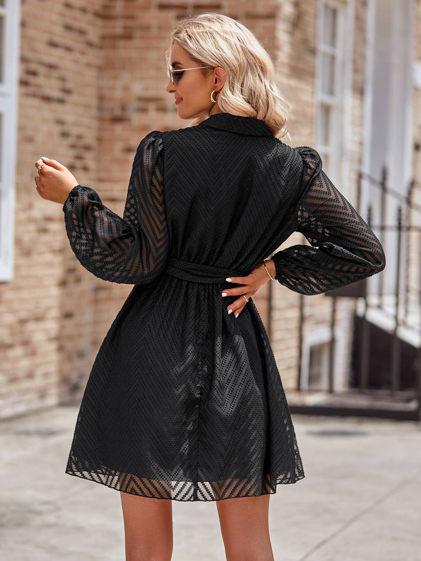 Sheer Chevron Belted Faux Wrap Dress: Black