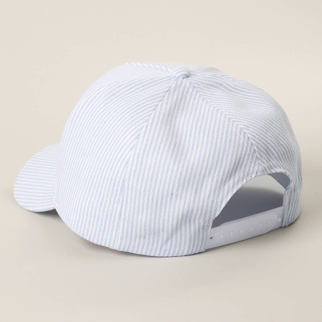 BEACH BABE Embroidered Seersucker Stripe Trucker Hat: BLUE