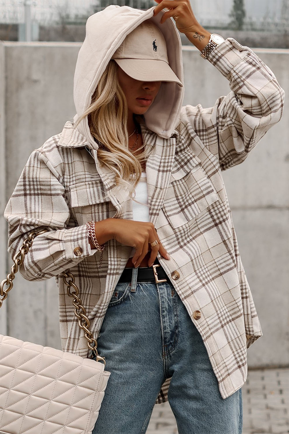 Khaki Plaid Shirt emovable Hood Buttoned Shacket: Khaki / 100%Polyester /