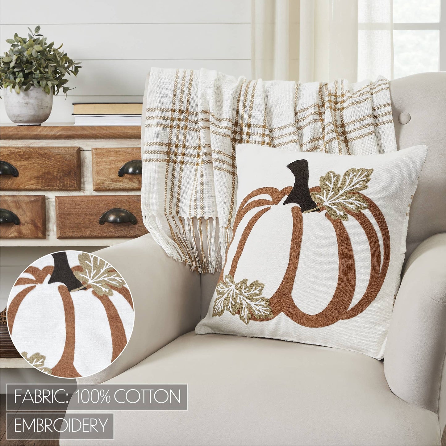 Fall Harvest Wheat Plaid Pumpkin Decorative Throw Pillow 18x18 Inch - Autumn Farmhouse Seasonal Accent Pillow for Home Decor