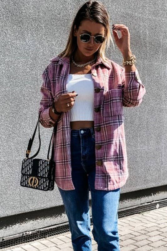 CWOJA0368_LOOSE FIT PLAID BIG BUTTONED SHIRTS JACKET: Pink