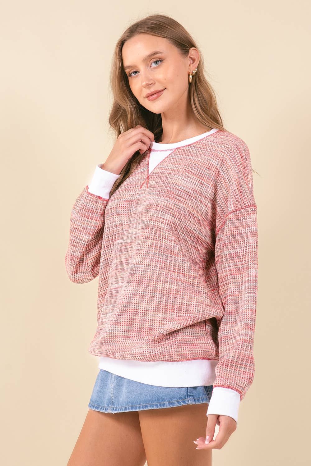 MULTI-COLORED WAFFLE KNIT DROP SHOULDER LONG SLEEVE - 44601T: RED MIX