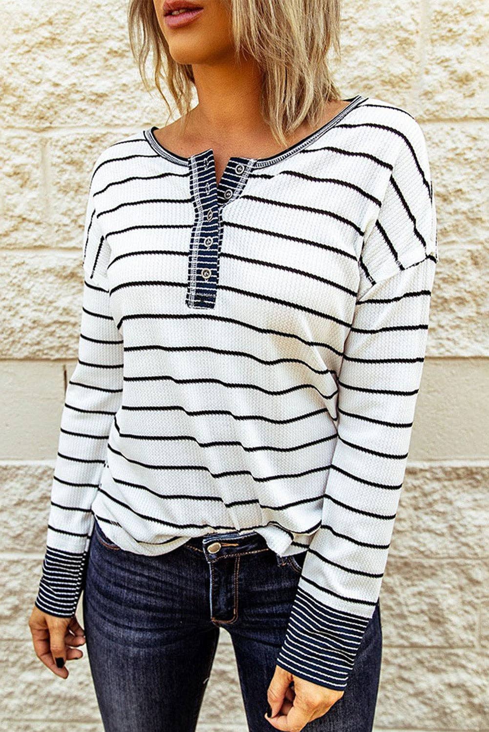 Striped Color Block Buttoned Waffle Knit Shirt: White