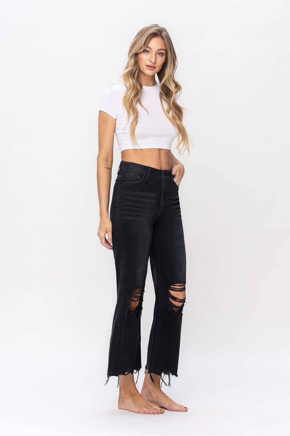 90'S VINTAGE SUPER HIGH RISE CROP FLARE JEANS