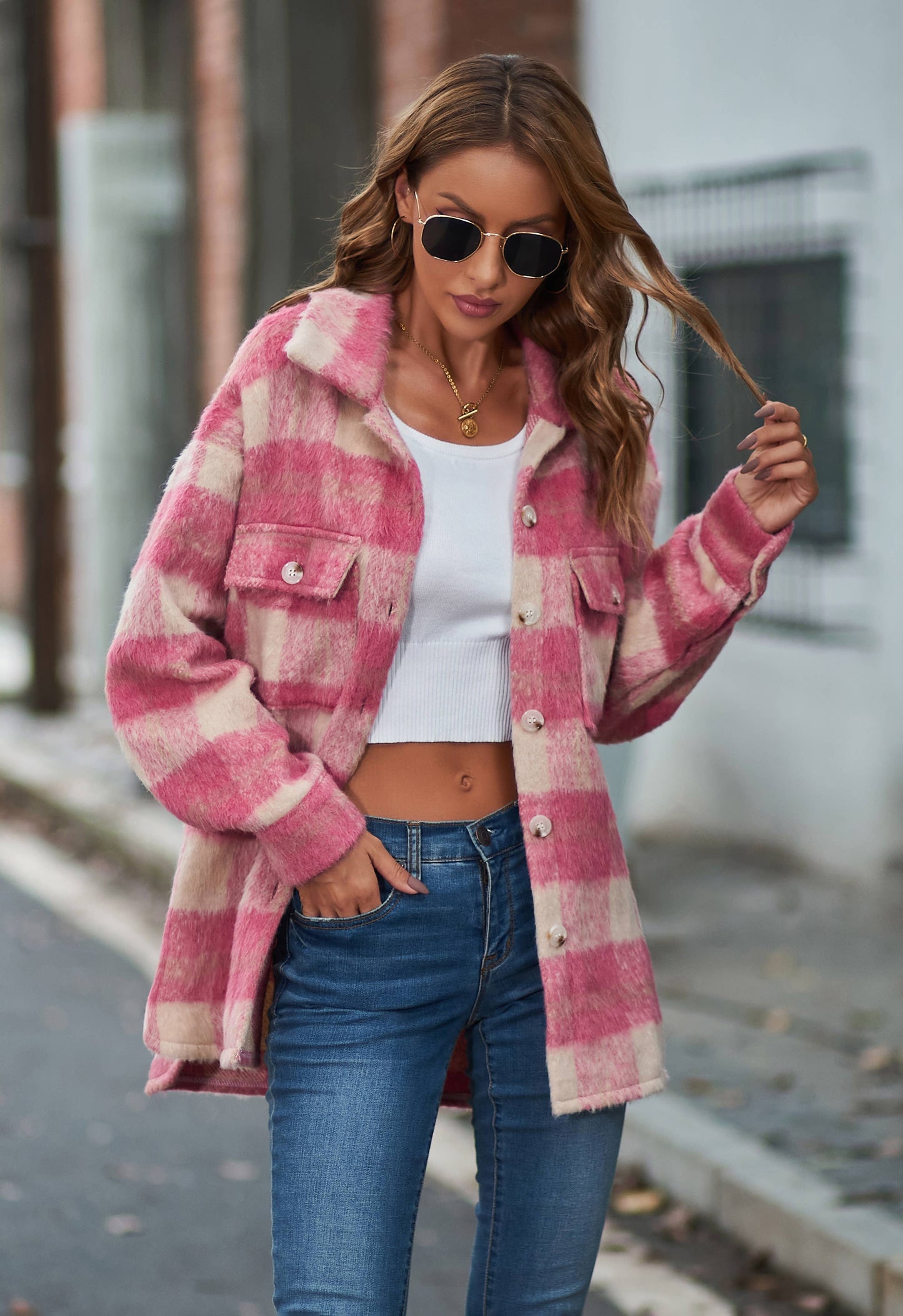 G5-JK6619 Fuzzy Plaid Button Down Shirt Jacket Shacket: Pink