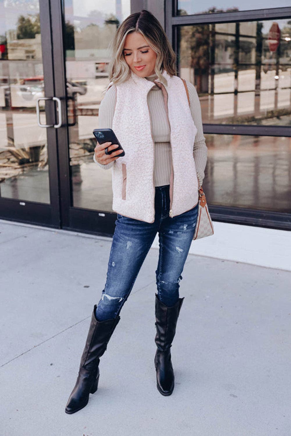 Pink Fleece Lined Quilted Vest Coats: Pink