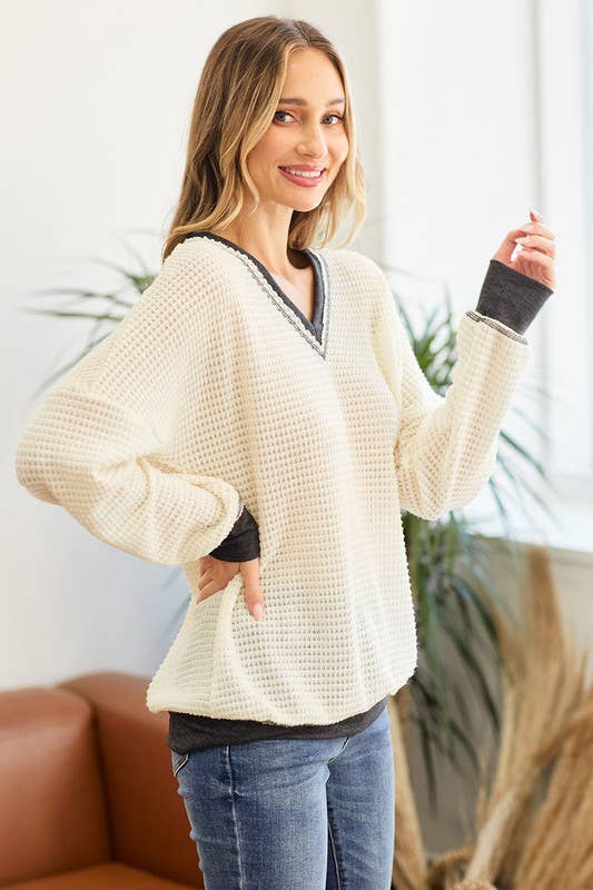 BELLE SOLID WAFFLE KNIT TOP: IVORY