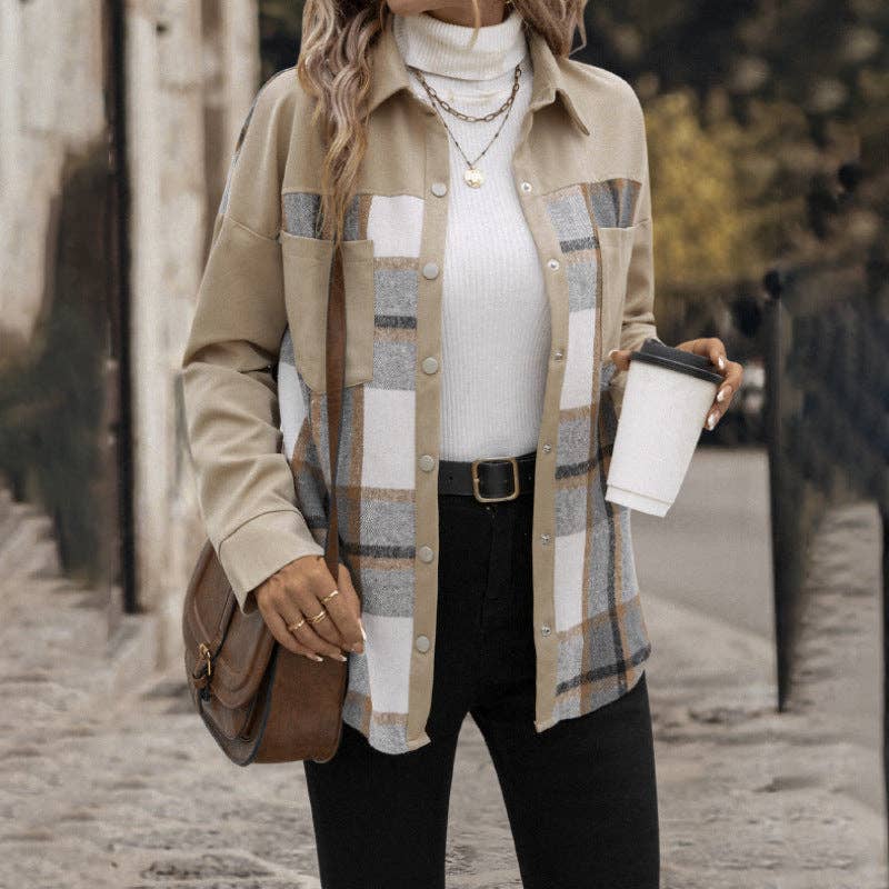 Lapel Plaid Long-sleeved Jacket Single-breasted: Khaki