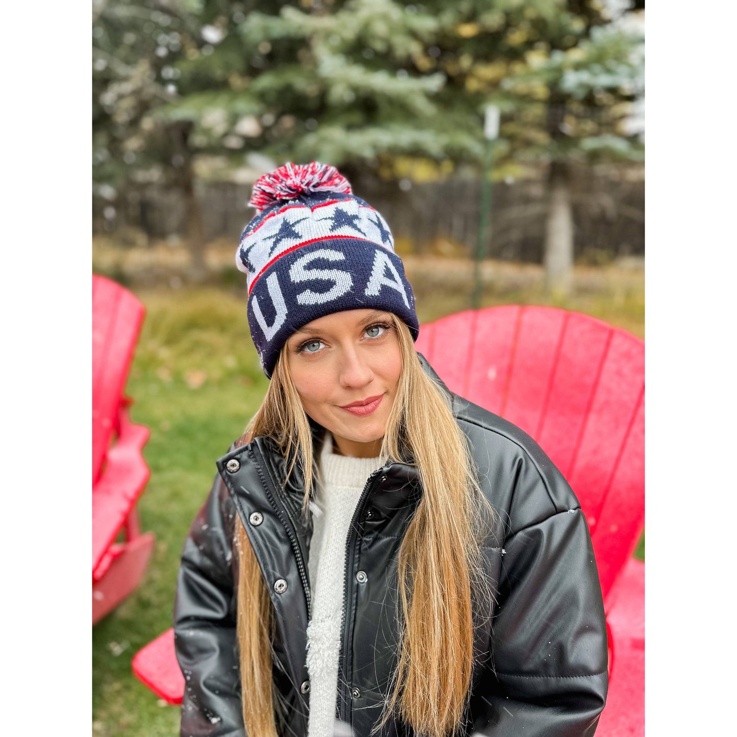 USA Knit Pom C.C Beanie HAT3902: Navy USA