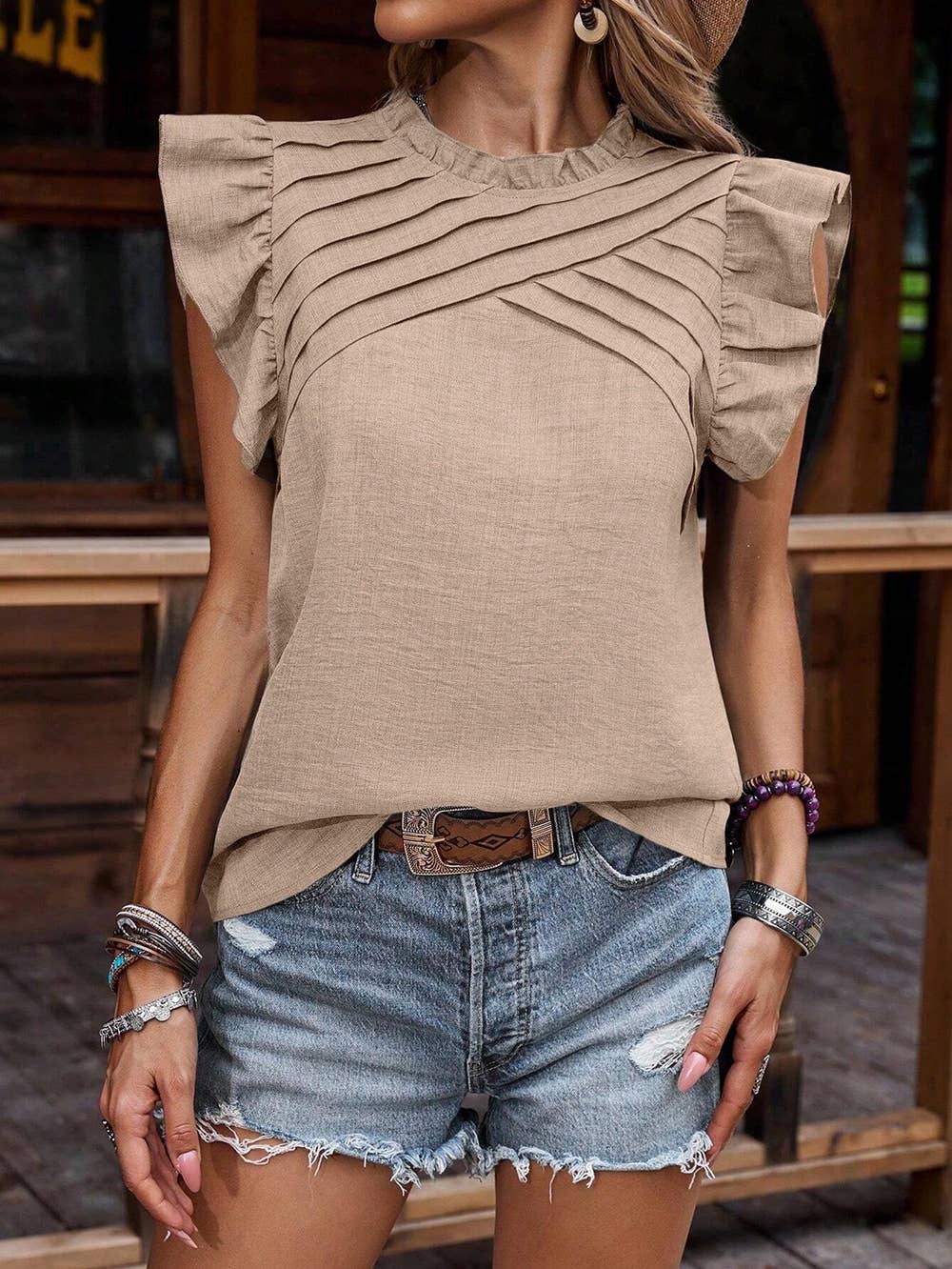 Crinkle Pleated Ruffle Mock Neck Top: Dusky Blue