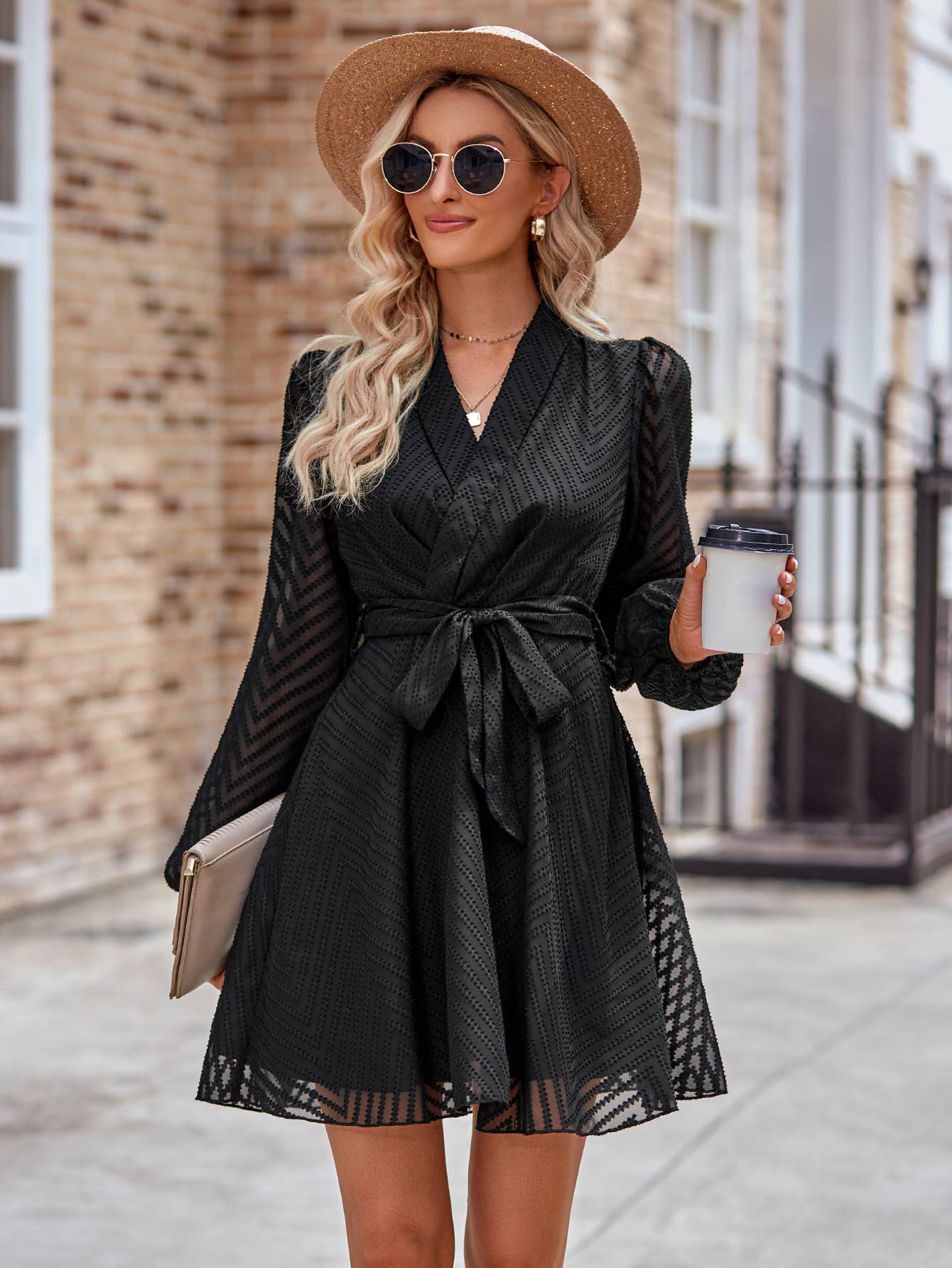Sheer Chevron Belted Faux Wrap Dress: Black