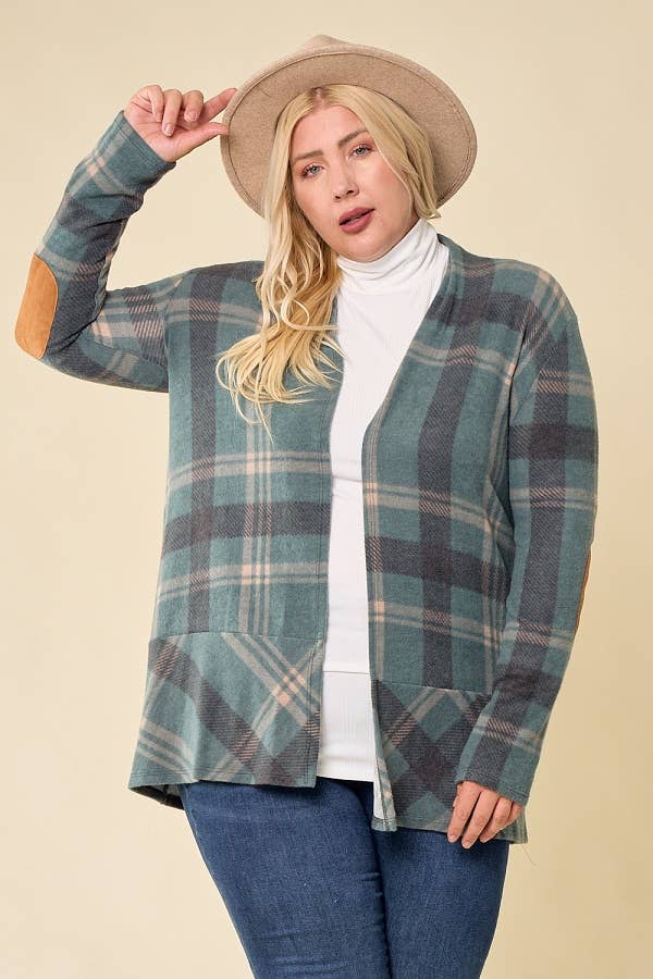 LMT2629PL-PLUS SIZE Hot Chocolate and Bon fired Plaid Cardi: TAUPE