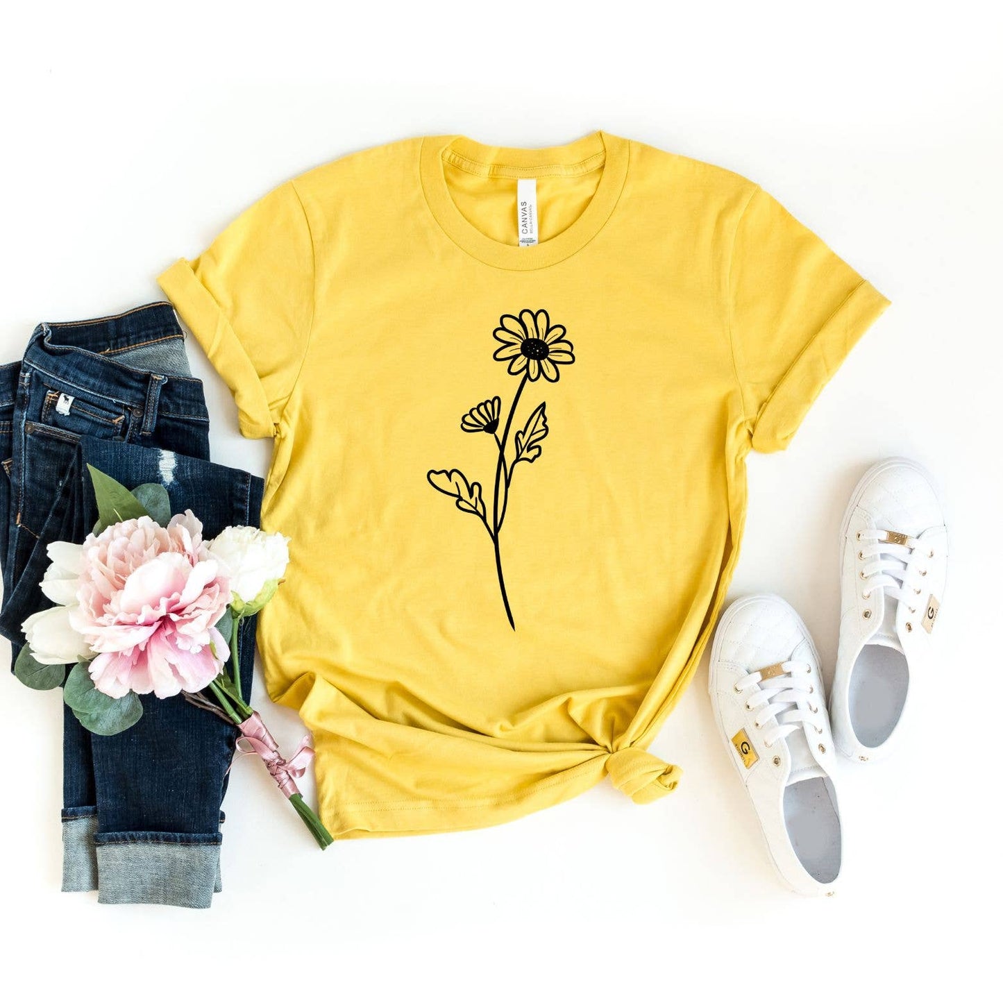 Simple Flower Yellow Tee Black Ink: Adult XSmall-2XL