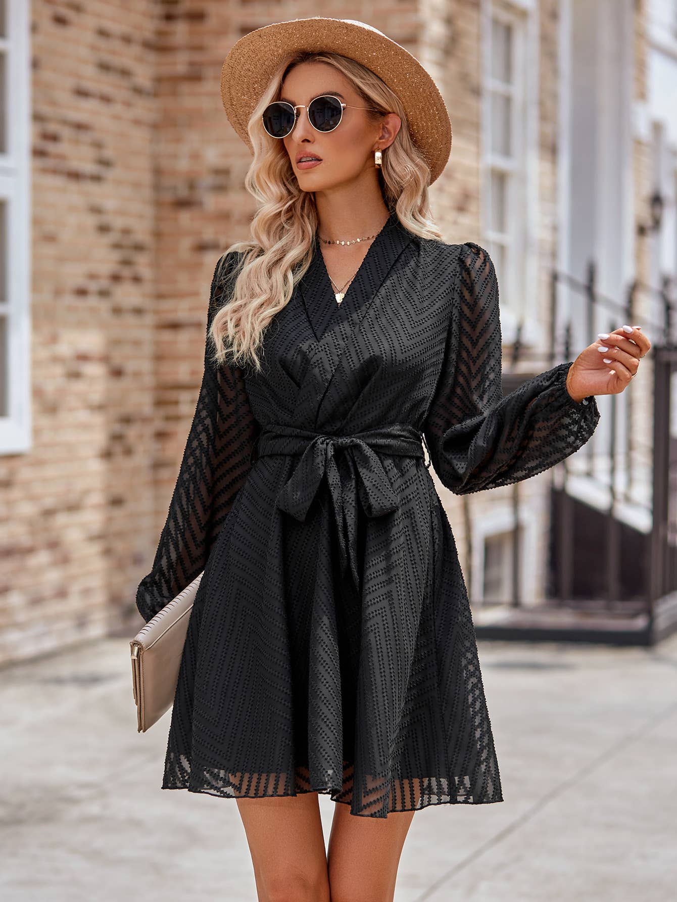 Sheer Chevron Belted Faux Wrap Dress: Black