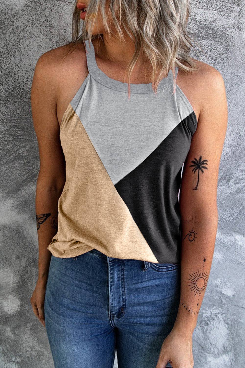 Geometric Colorblock Sleeveless Top: Light French Beige