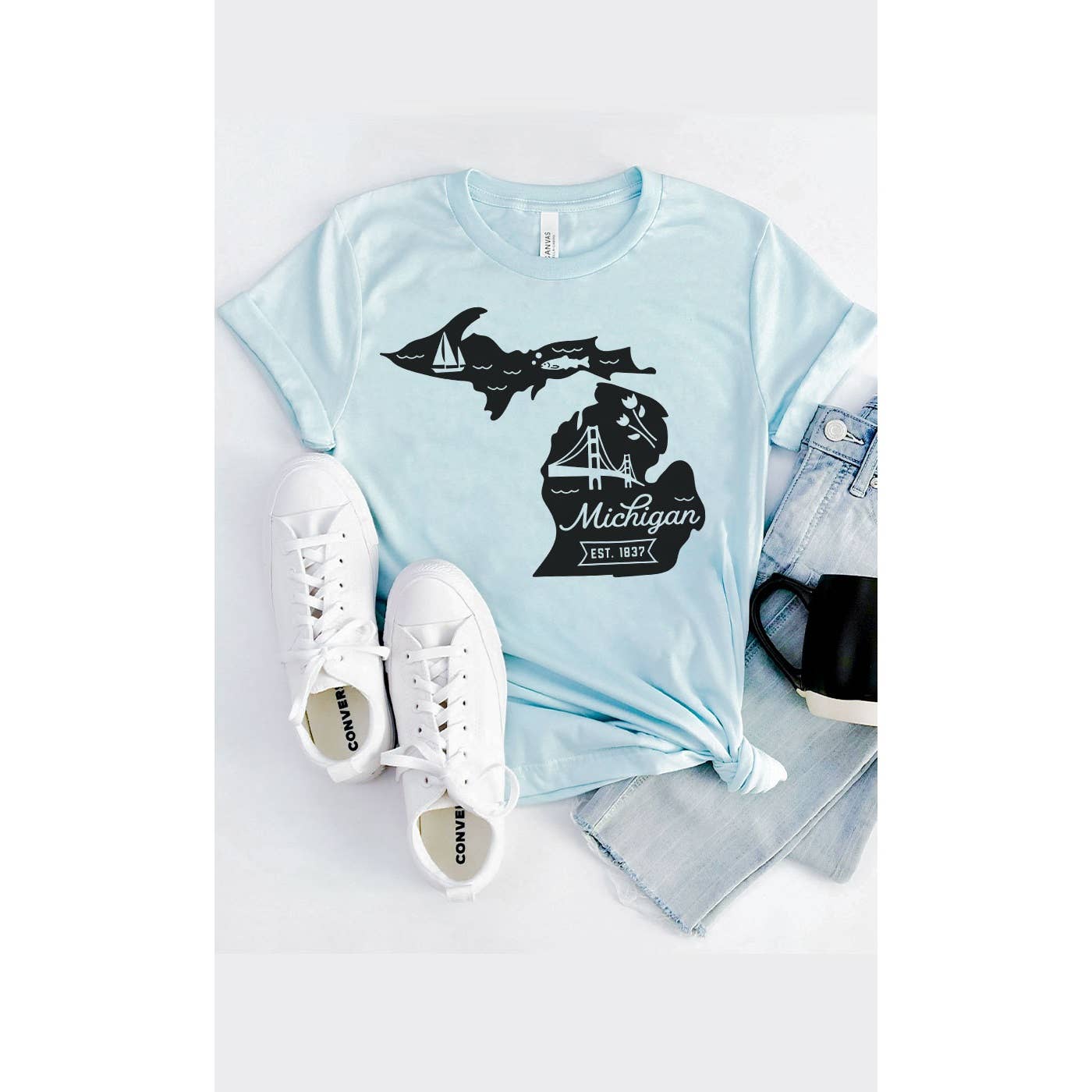 Michigan State Outline Graphic Tee: HEATHER ICE BLUE