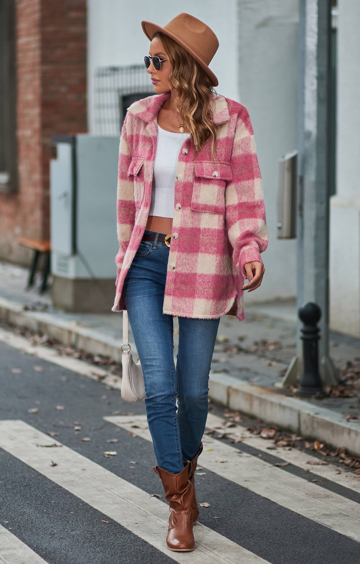 G5-JK6619 Fuzzy Plaid Button Down Shirt Jacket Shacket: Pink