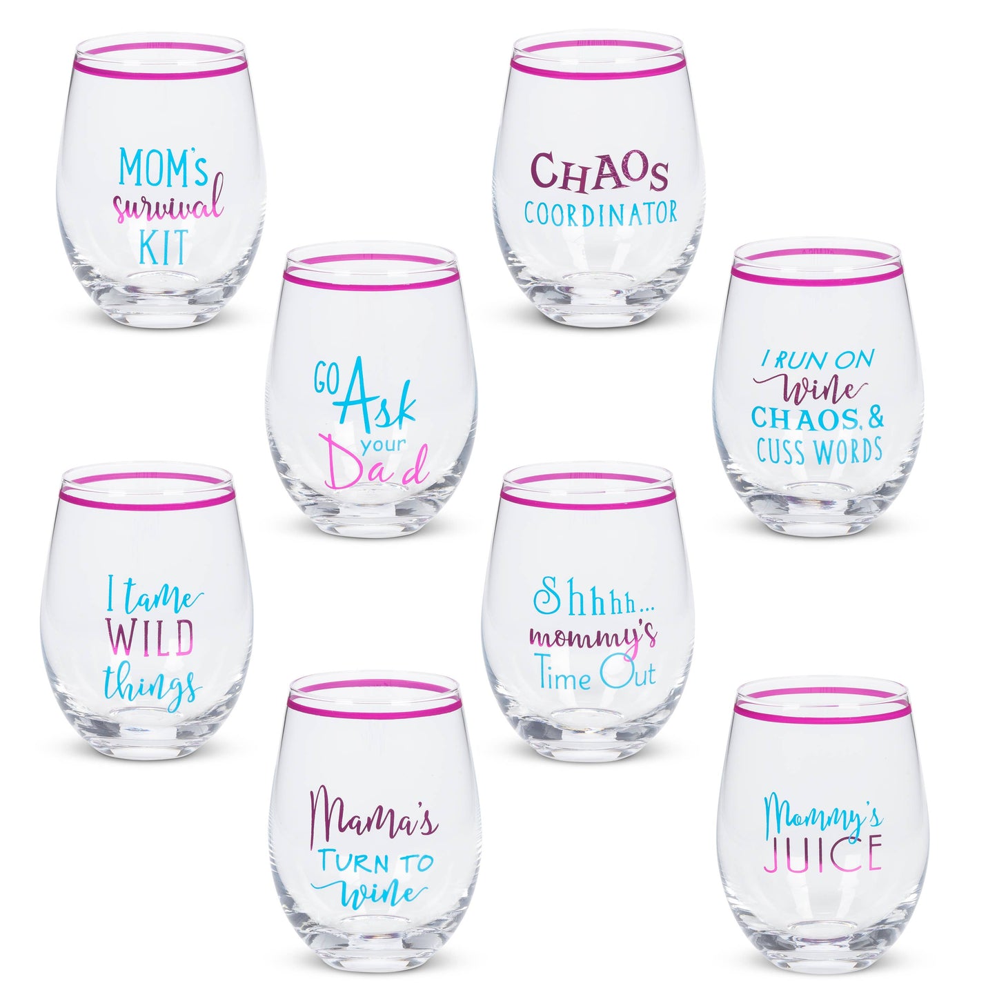 Witty Mom Stemless Wine Glass. -- 8 Asst -- Open Window Box