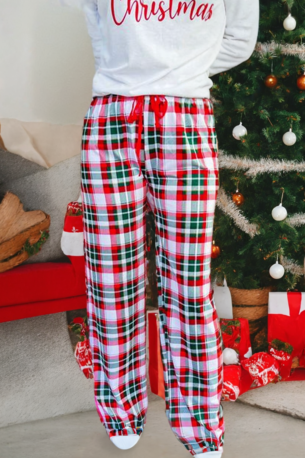 LDC Merry Christmas Plaid Print Two Piece Lounge Set: Multicolor