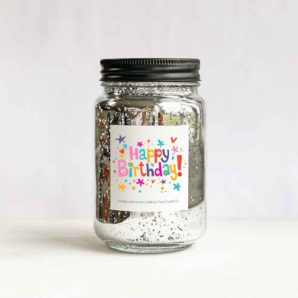 Happy Birthday | 16 oz. Glimmery Candles: Silver / Birthday Confetti / Vanilla Bourbon