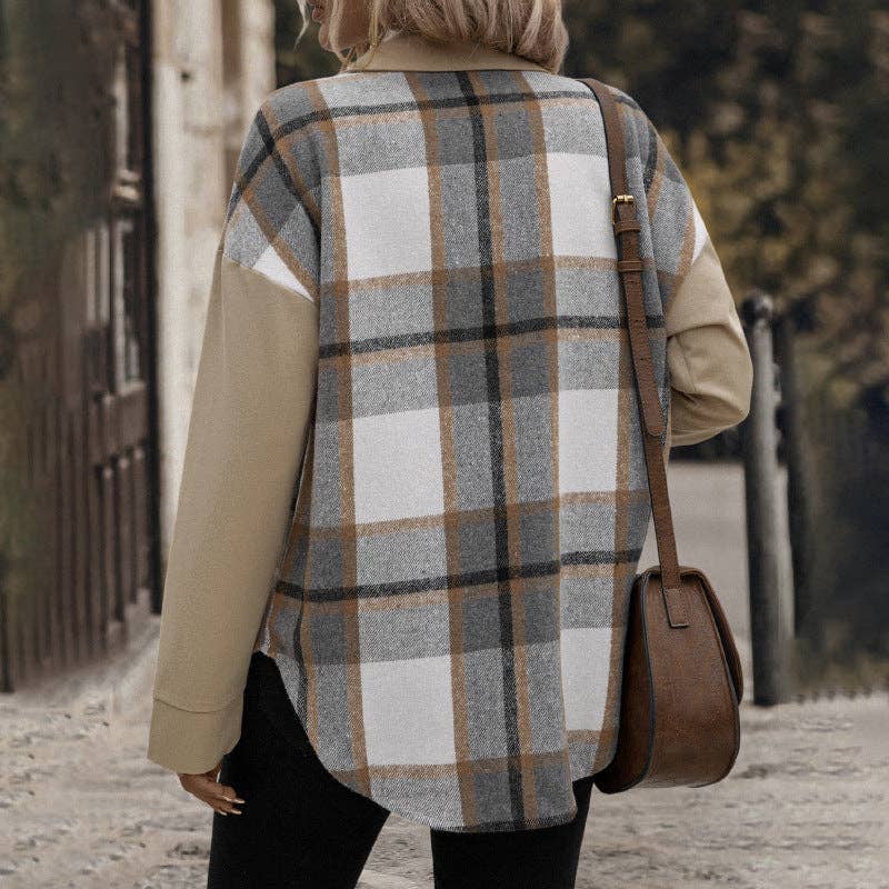 Lapel Plaid Long-sleeved Jacket Single-breasted: Khaki