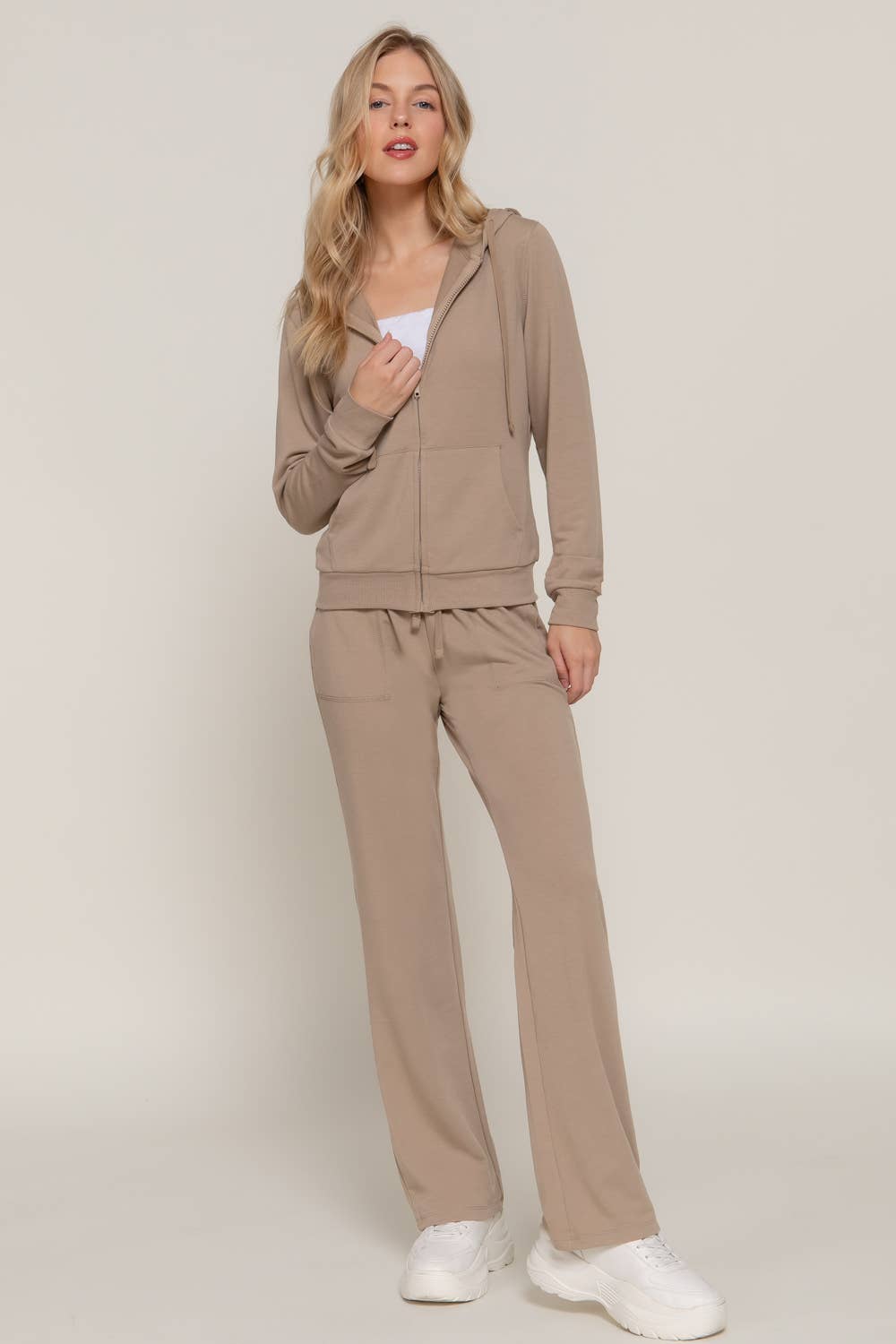 Long Sleeve Hoodie Jacket & Pants Sweatsuit Set : coffee