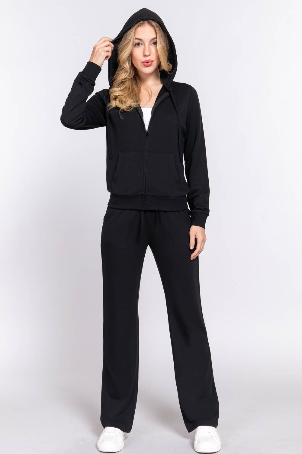 Long Sleeve Hoodie Jacket & Pants Sweatsuit Set: black