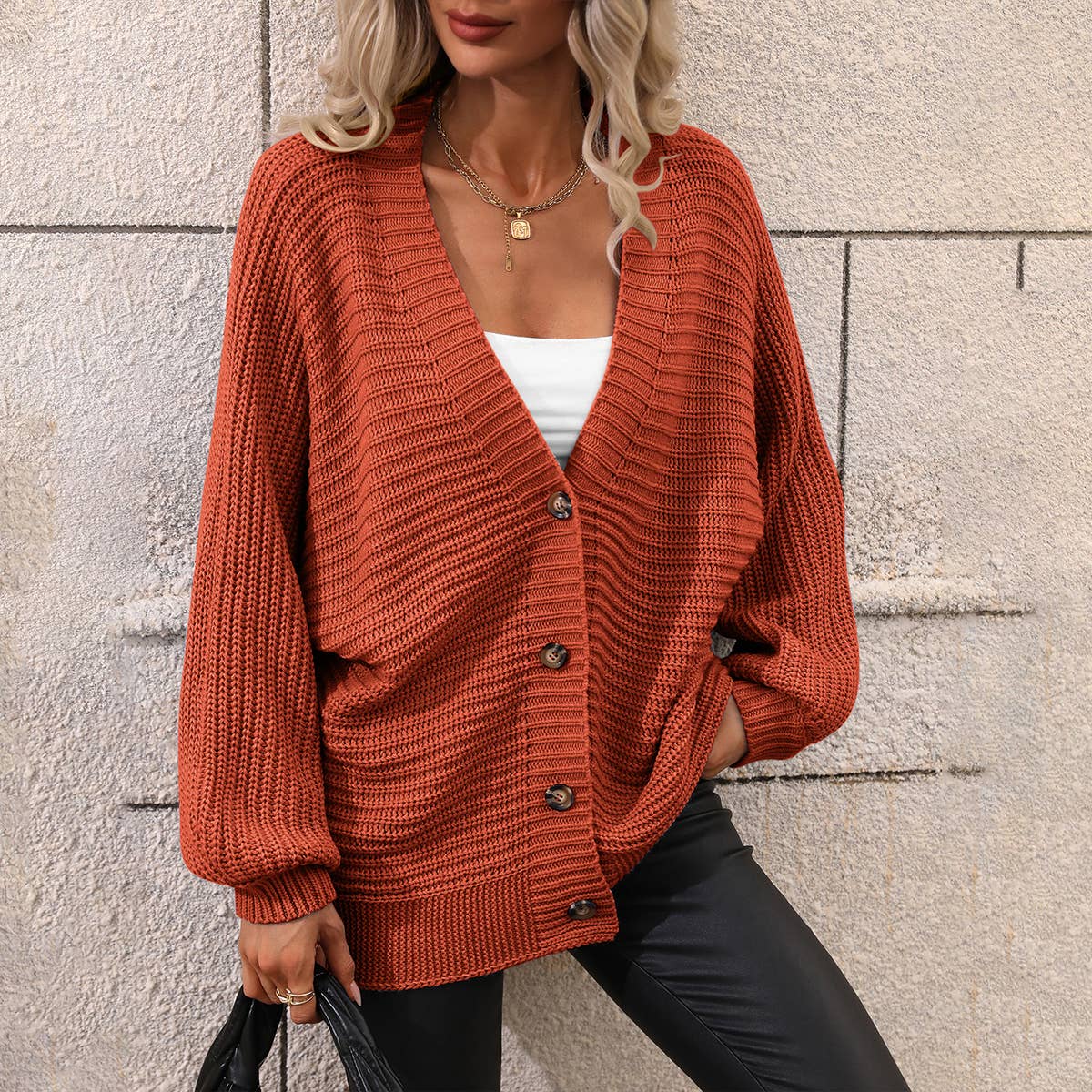 Solid color knit cardigan loose sweater: Orange