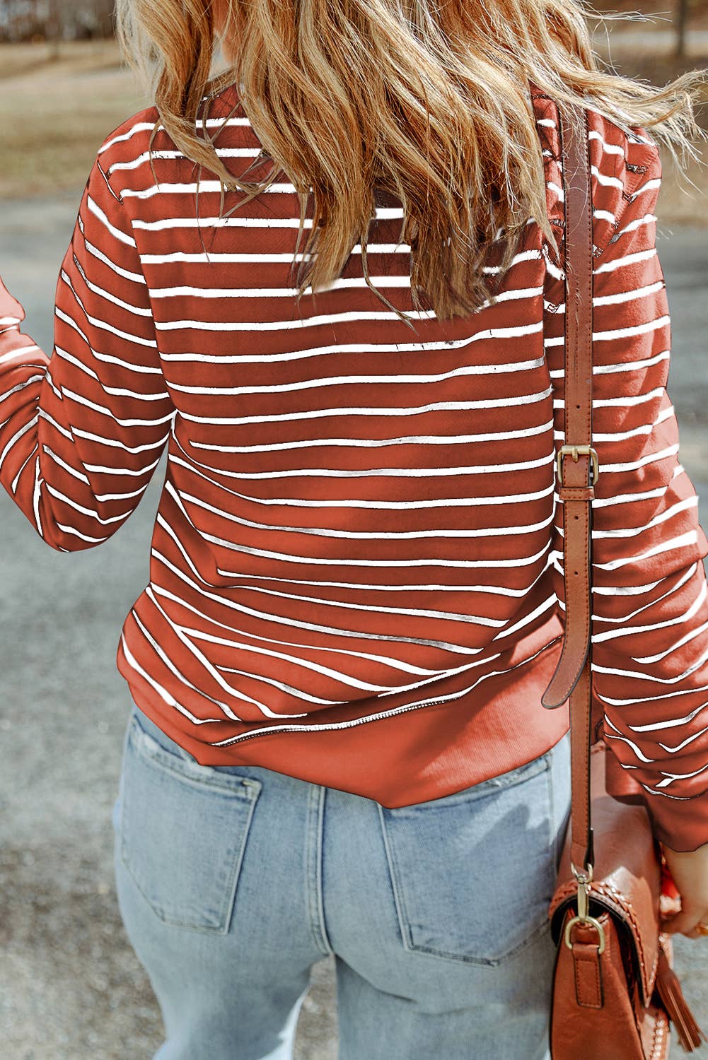 Casual Striped Print Ribbed Trim Long Sleeve Top:Blue