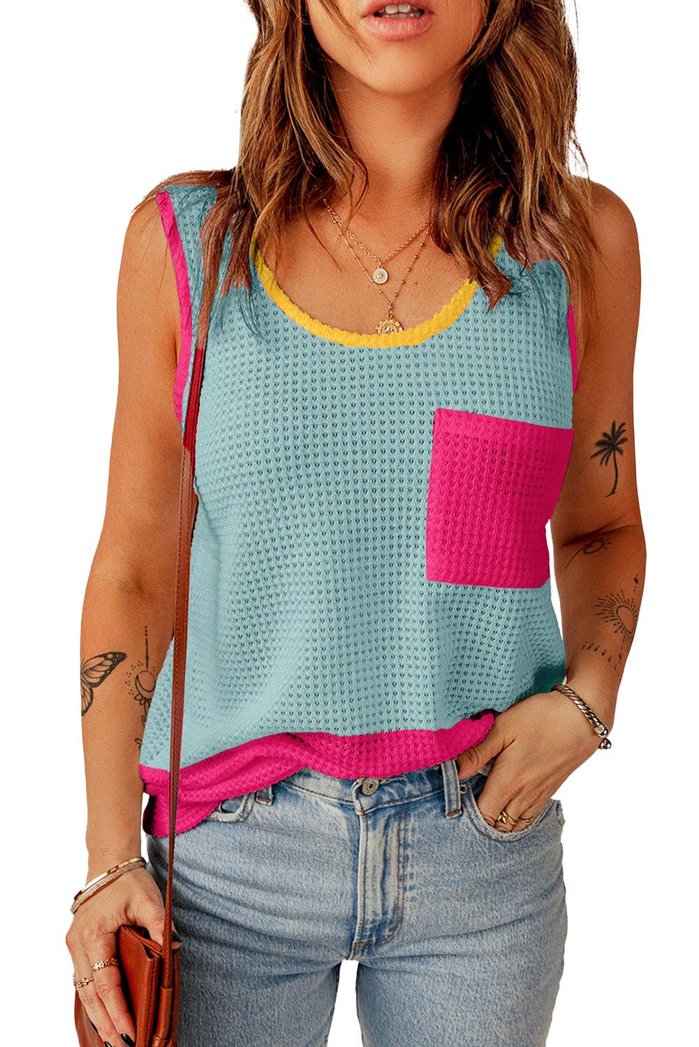 Colorblock Pocketed Knit Tank Top: Light Blue