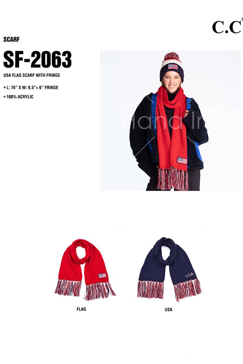 C.C American USA Flag Patch Knit Scarf with Tassels: USA