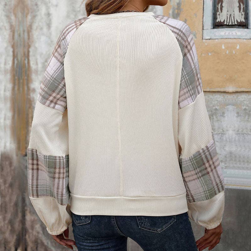 Plaid Contrasting Splicing Sweater Crew Neck Pullover Loose Top: Apricot