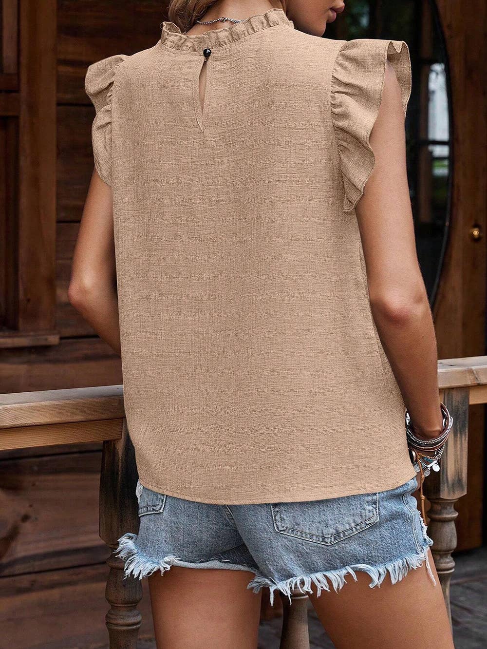 Crinkle Pleated Ruffle Mock Neck Top: Dusky Blue